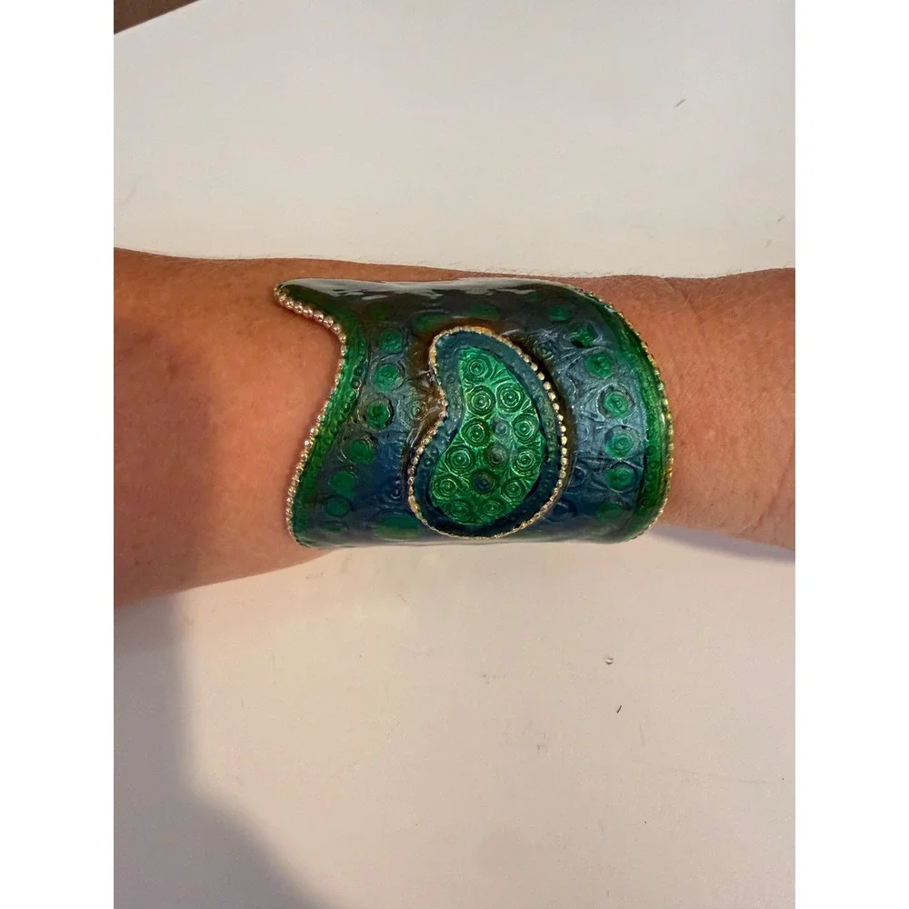 Green Blue Enamel Paisley Hinged Cuff Bracelet Gold Tone Statement Wide Band